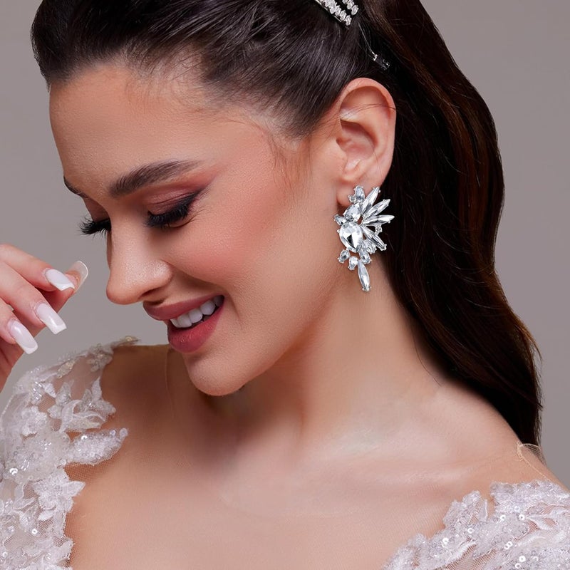 Sanfenly Clip On Earrings Women Dangle, Large Long Dangling Non Pierced Earrings Elegant Formal Big Bling Rhinestone Crystal Simulated Diamond Clip Earrings for Women Non Pierced Ears - Image 2